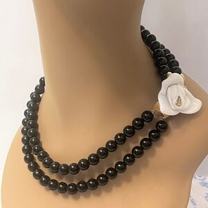 Vintage Kenneth J Lane for Avon Black Beaded Two Strand Necklace White Flower